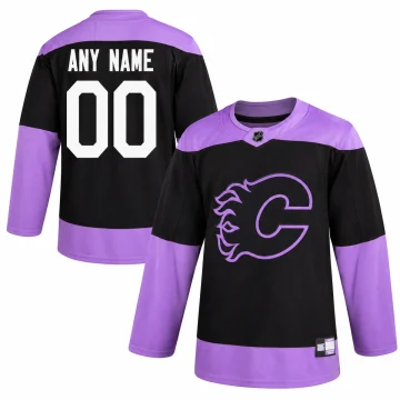Calgary Flames Hockey Fights Cancer black and purple custom jersey, front and back