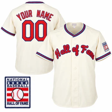 Cream Hall of Fame custom baseball jersey with red and navy YOUR NAME 00, upright back and front views on white with matching sleeve patch inset