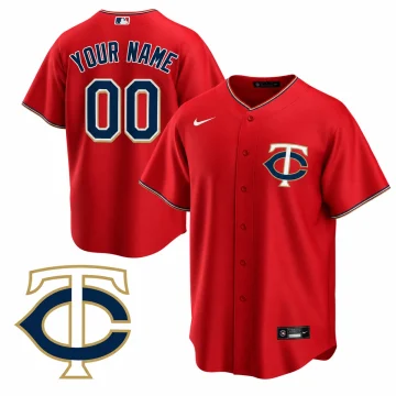Custom Minnesota Twins red Cool Base alternate baseball jersey, front and back, with YOUR NAME and 00