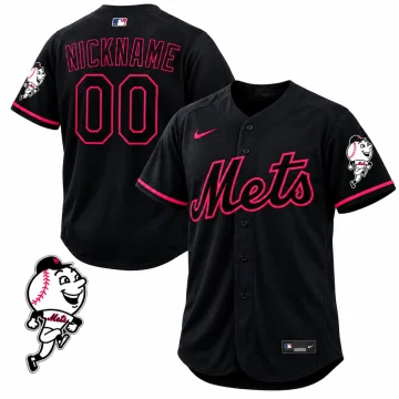 Black New York Mets NICKNAME 00 jersey with pink outline lettering, Nike swoosh and Mr Met sleeve patch, male form front and back views
