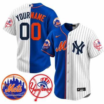 Custom Mets Yankees split royal blue and white pinstripe jersey, male form front and back views with sleeve patch details