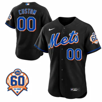 Custom New York Mets black 60th Anniversary jersey, front and back, with anniversary patch