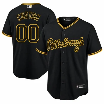 Black custom Pittsburgh Pirates button-front baseball jersey with gold-outlined Pittsburgh script, CUSTOM and 00 on back, gold piping, retained MLB collar badge and physical labels with manufacturer panels blank