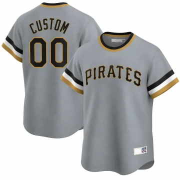 Gray custom Pittsburgh Pirates crewneck baseball pullover with black and gold PIRATES lettering, CUSTOM and 00 on the back, black white and gold sleeve bands, and retained physical Cooperstown labels with manufacturer panels blank
