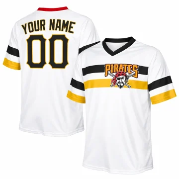 White custom Pittsburgh Pirates pullover jersey with black and gold bands, central Pirates graphic, YOUR NAME and 00 on the back, black front neckline and red rear neckline, front and back views