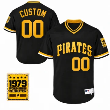 Black custom Pittsburgh Pirates pullover baseball jersey with gold PIRATES and 00 on front, CUSTOM and 00 on back, gold and white cuff bands, retained physical MLB hem label, and one enlarged 1979 World Series Celebration sleeve patch