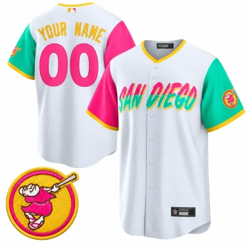 Custom Padres white City Connect jersey front and back, YOUR NAME 00, pink and mint sleeves, with one matching pink and gold Swinging Friar patch insert.