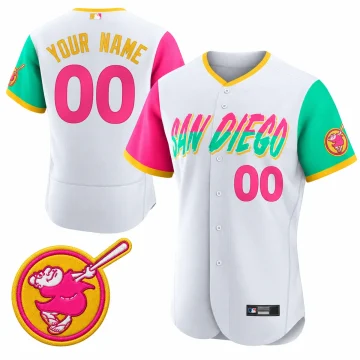 Custom white Padres City Connect jersey, pink and teal sleeves, YOUR NAME 00 back and front 00, matching pink and gold Swinging Friar patch on white.