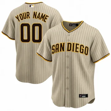 Custom sand pinstripe San Diego Padres alternate jersey, front and YOUR NAME 00 back with dark brown and gold lettering on white.