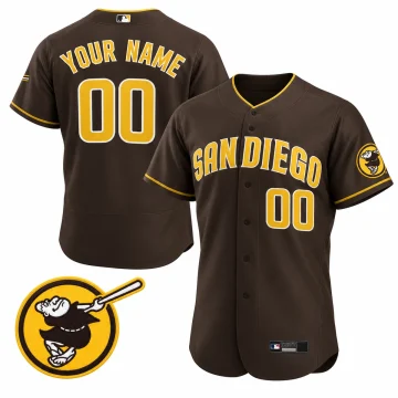 Custom brown Padres Flex Base jersey, SAN DIEGO front 00, YOUR NAME 00 back, gold Swinging Friar sleeve patch and enlarged matching patch on white.