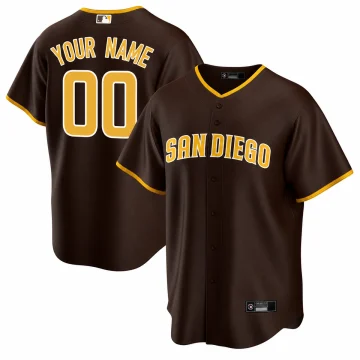 Custom brown San Diego Padres road jersey, front and YOUR NAME 00 back, gold and white lettering, white background.