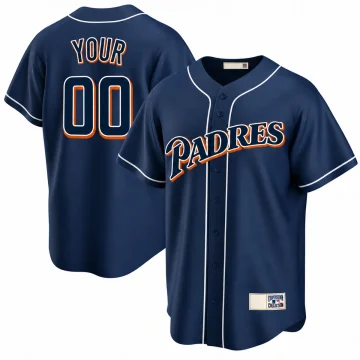 Navy Padres button jersey with white piping and orange-white outlined lettering, front and YOUR 00 back, physical heritage label retained on white background.