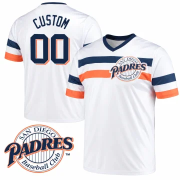 Custom Padres white V-neck jersey, navy and orange stripes, front and CUSTOM 00 back, matching circular chest logo shown separately on white.