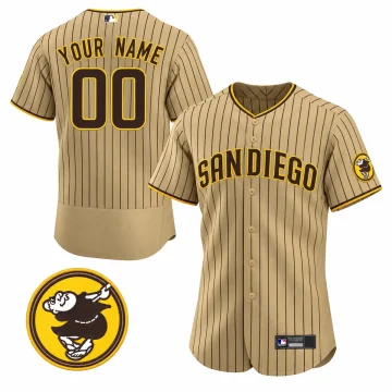 Custom San Diego Padres tan brown pinstripe alternate jersey, YOUR NAME 00 back and SAN DIEGO front with Swinging Friar patch.
