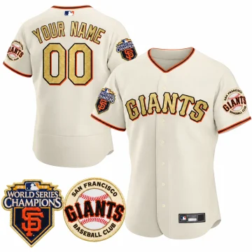 Custom San Francisco Giants cream and gold 2010 World Series Champions jersey, YOUR NAME 00 front and back composition with its two sleeve patch inserts on white.