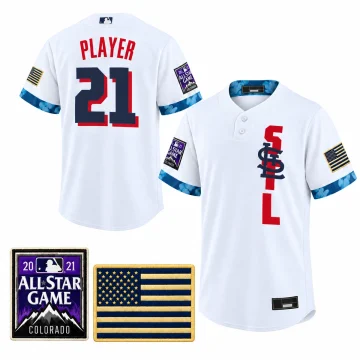 Custom St Louis Cardinals white 2021 All-Star style PLAYER21 jersey front and back with sleeve-patch closeups on white.