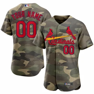 Custom St. Louis Cardinals woodland camouflage jersey with red and yellow team graphics, front and back with YOUR NAME and 00, on white.