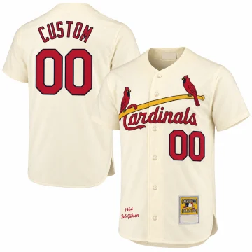 Custom St. Louis Cardinals cream Cooperstown jersey, front and back with CUSTOM and 00 and retained 1964 Bob Gibson hem embroidery, on white.
