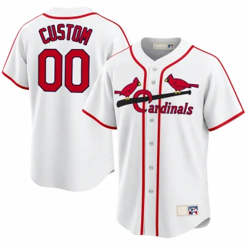 Custom St. Louis Cardinals white Cooperstown home jersey, retro birds on black bat, front and back with CUSTOM and 00, on white.