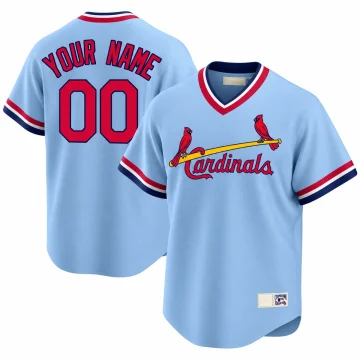 Custom St. Louis Cardinals light blue Cooperstown road pullover jersey, front and back with YOUR NAME and 00, on white.