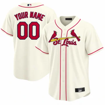 Custom St. Louis Cardinals cream Cool Base jersey, front without number and back with YOUR NAME and 00, on white.