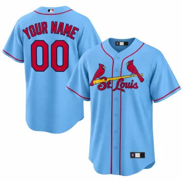 Custom St. Louis Cardinals light blue Cool Base jersey, front and back with YOUR NAME and 00, on white background.