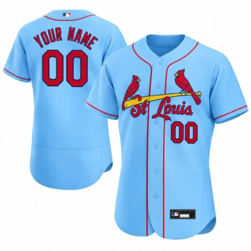 Custom light blue St Louis Cardinals Flex Base jersey, front and back YOUR NAME 00, red piping and red/navy lettering, on white.