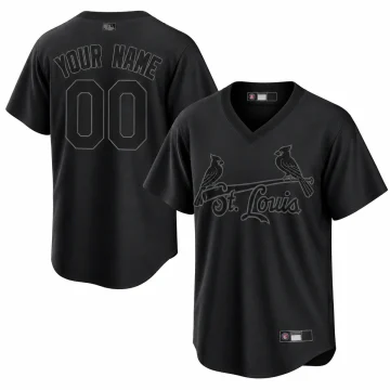 Custom St Louis Cardinals Pitch Black pullover V-neck jersey, front and back YOUR NAME 00, tonal black and charcoal graphics on white.