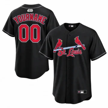 Custom black St Louis Cardinals Star Wars jersey, front and back with YOURNAME and red 00, blank sleeves, on white.