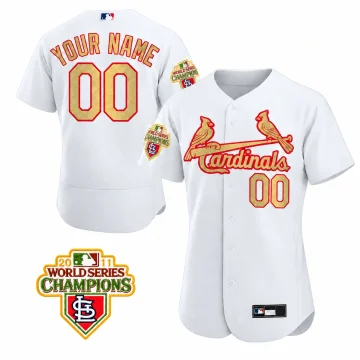 Custom white and gold St Louis Cardinals jersey, front and back YOUR NAME 00, with one 2011 World Series Champions sleeve patch insert on white.
