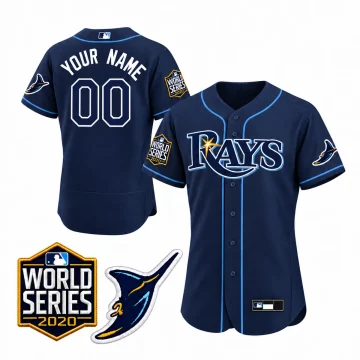 Custom navy Tampa Bay Rays Flex Base jersey, front and back YOUR NAME 00, World Series 2020 and Rays sleeve patch inserts on white.