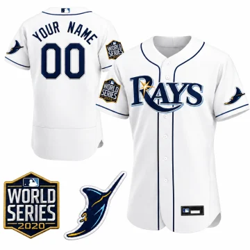 Custom Tampa Bay Rays white 2020 World Series Flex Base jersey, front and back with YOUR NAME and 00, World Series and Rays sleeve patch inserts on white.