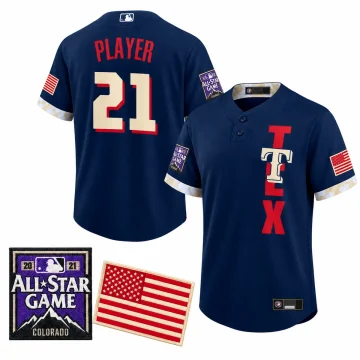 Texas Rangers navy PLAYER 21 Cool Base jersey, front and back upright, with Colorado 2021 All Star Game and red cream flag patches on white