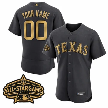 Texas Rangers charcoal and gold YOUR NAME 00 jersey, front and back with verified 2022 All-Star Game patch inset on white
