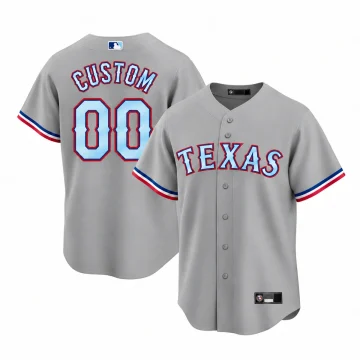 Custom Texas Rangers gray jersey with light-blue TEXAS lettering and CUSTOM 00, front and back on white