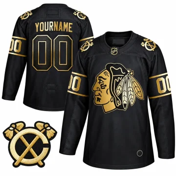 Custom Chicago Blackhawks black and gold hockey jersey, front and back