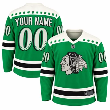 Custom Chicago Blackhawks green St. Patrick's Day practice jersey, front and back views