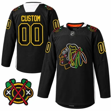 Chicago Blackhawks Foundation Night 2022 black warm-up jersey, front and back views