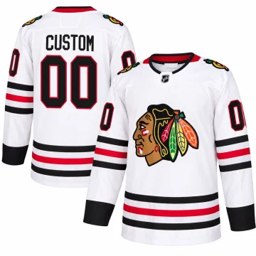 Custom Chicago Blackhawks white 2019-20 away hockey jersey, front and back