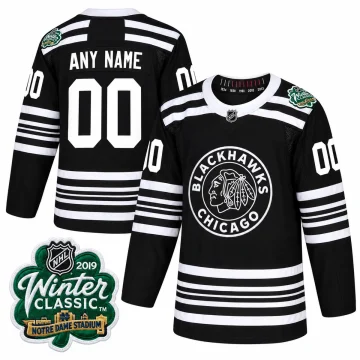 Custom Chicago Blackhawks black 2019 Winter Classic hockey jersey, front and back