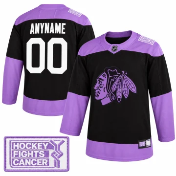 Custom Chicago Blackhawks black and purple Hockey Fights Cancer practice jersey, front and back