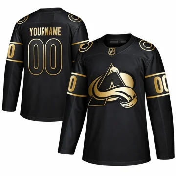 Custom Colorado Avalanche 2019 golden edition black jersey, front and back views