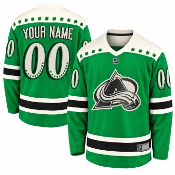 Custom Colorado Avalanche 2021 St. Patrick's Day green jersey, front and back views
