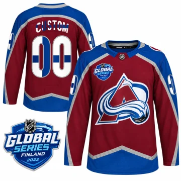 Custom Colorado Avalanche 2022 Global Series Finland burgundy jersey, upright front and back views