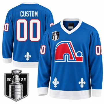 Custom blue Colorado Avalanche Quebec Nordiques heritage jersey, upright front and back with 2022 Stanley Cup Final patch