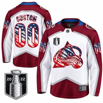 Custom Colorado Avalanche 4th of July white stars and stripes jersey, upright front and back with 2022 Stanley Cup Final patch
