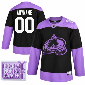 Colorado Avalanche Hockey Fights Cancer black and purple custom jersey, front and back views