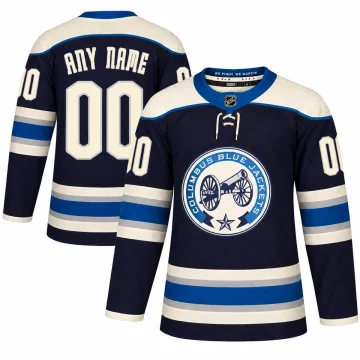 Upright front and back of custom Columbus Blue Jackets 2018-19 navy cream and blue alternate jersey with ANY NAME and 00 on a white background.
