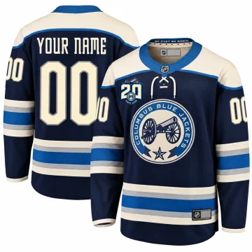 Upright front and back of custom Columbus Blue Jackets navy cream and blue 20th anniversary alternate jersey, YOUR NAME and number 00 on white background.
