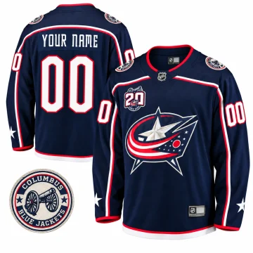 Custom Columbus Blue Jackets navy 20th anniversary jersey, front and back YOUR NAME 00, with one enlarged cannon shoulder patch on white background